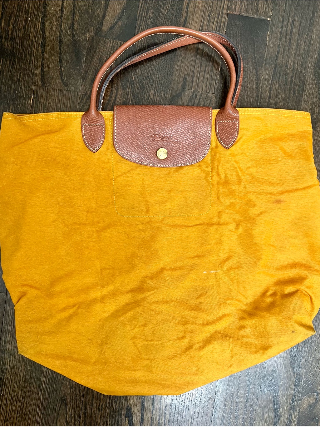 Longchamp Le Pliage Large Tote Mustard Yellow Brown Leather Foldable Bag